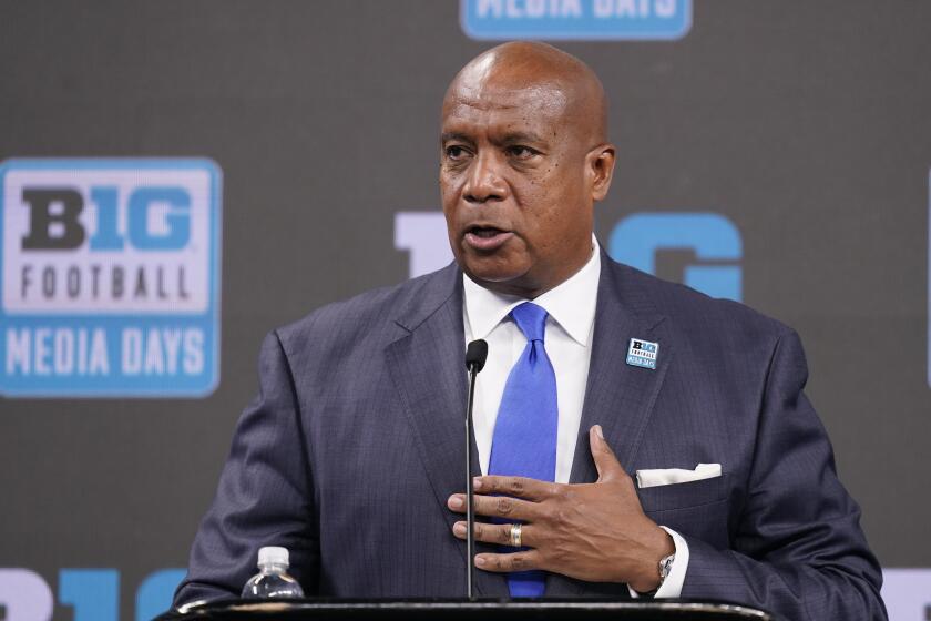 Big Ten Commissioner Kevin Warren talks to reporters at Lucas Oil Stadium on July 26