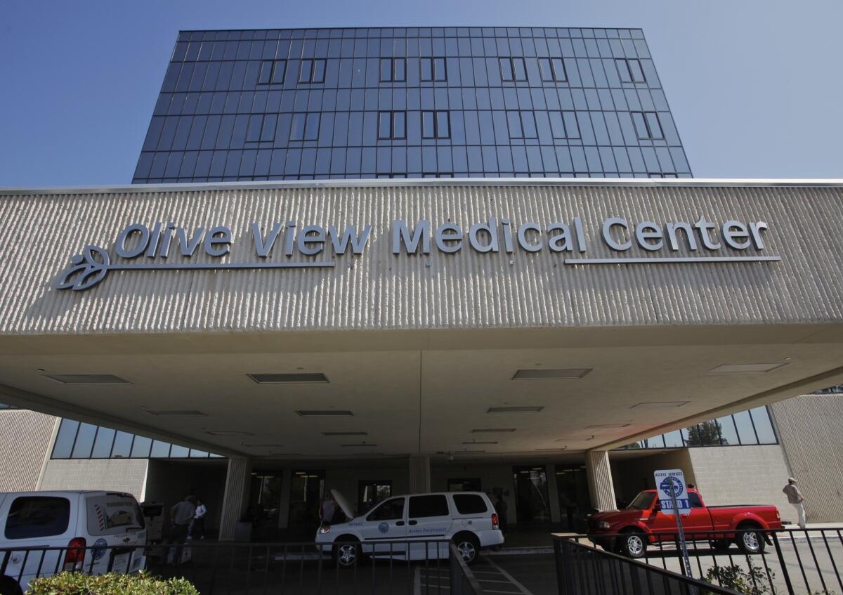 A 26-year-old Los Angeles man was arrested Sunday after authorities said he ran into the Olive View-UCLA Medical Center, shown above in a May 19, 2010 photo, and stabbed an on-duty nurse.