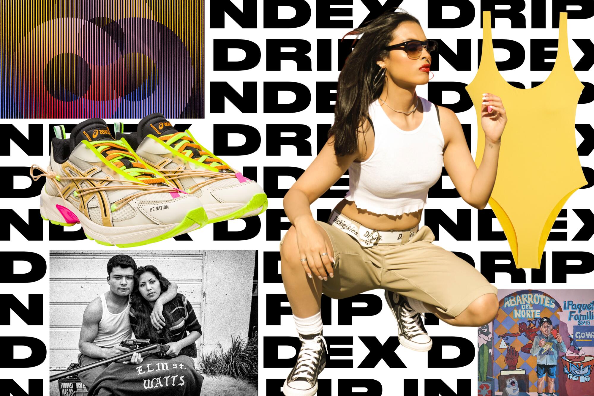 Collage of Drip Index photos for Image issue 12 on top of the words “Drip Index” repeated in the background.