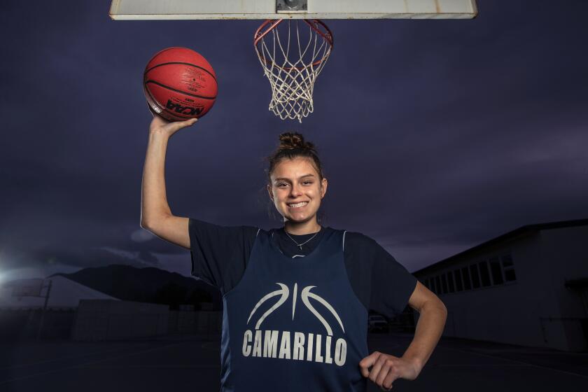 Camarillo, CA - December 13, 2021: Gabriela Jaquez, a senior, forward on the Camarillo High School girls basketball team, is photographed on the campus. Gabriela, the sister of Jaime Jaquez Jr., a guard/forward on the UCLA mens basketball team, has committed to playing next year for the UCLA women's basketball team. (Mel Melcon / Los Angeles Times)
