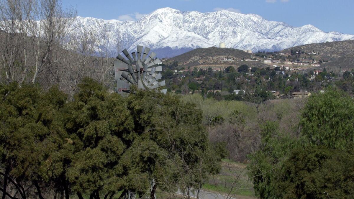 A view of the San Gabriel Mountains from Martha McLean Anza Narrows Park off Jurupa Avenue in Riverside. Police recovered remains, possibly of an infant, in the park late Thursday.