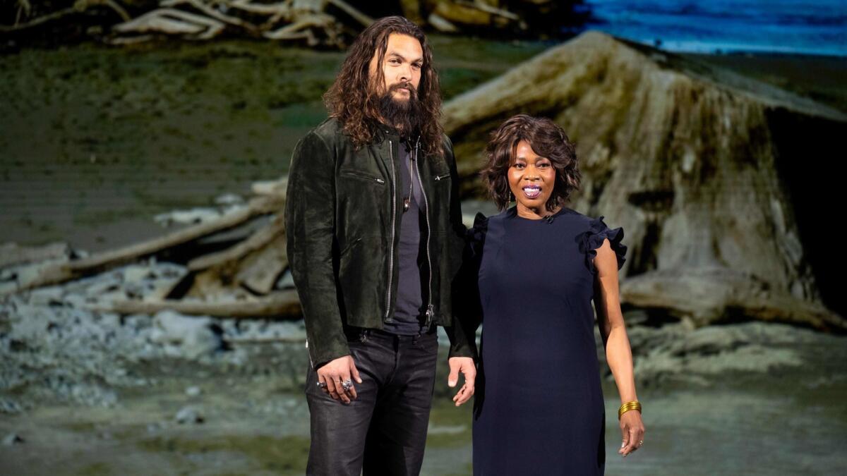 "See" stars Jason Momo and Alfre Woodard speak during an event launching Apple tv+ at Apple headquarters.