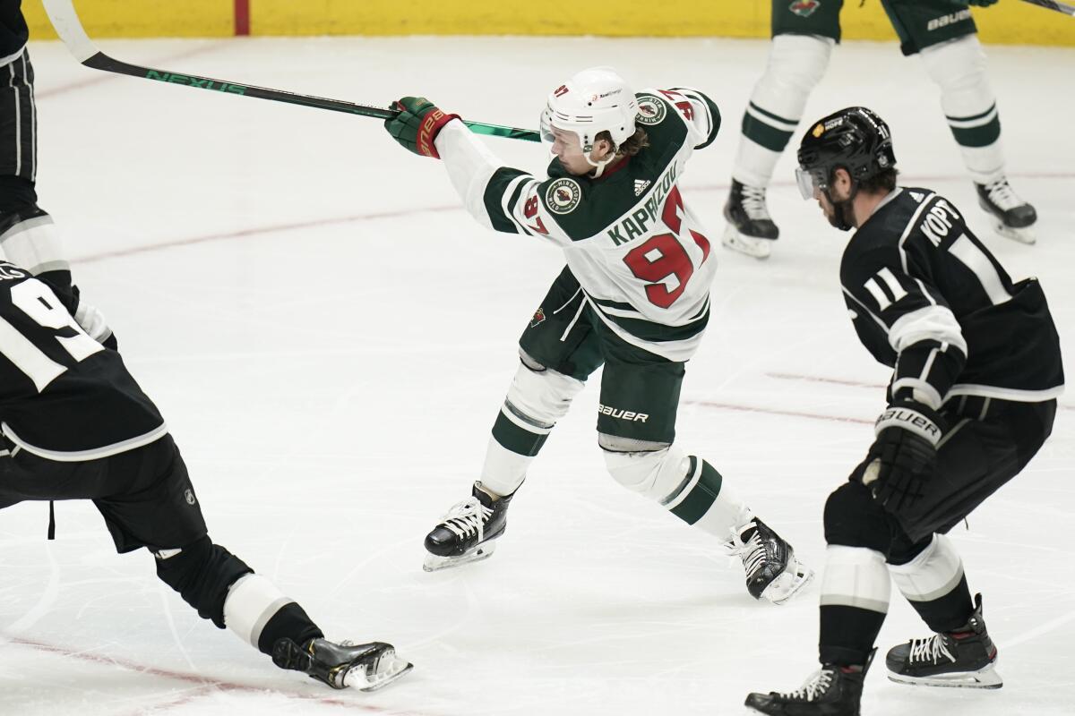 Minnesota's Kirill Kaprizov shoots to score his second goal against the Kings on Friday.