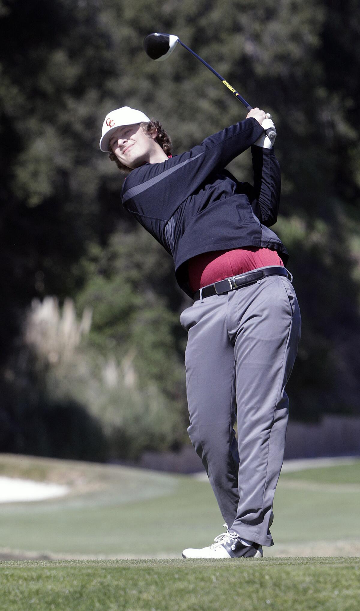 GCC's Parker Philbrick tees off in the Glendale College Invitational at Oakmont Country Club in Glendale on Monday, February 10, 2020. The wind was a factor that changed the game for all the community college teams making scores much higher.