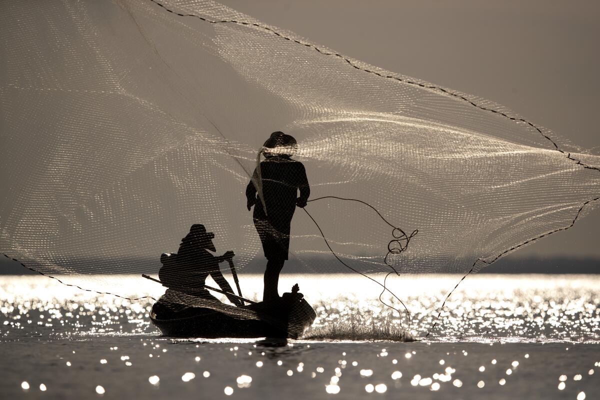 El pescador Sandro Branco lanza su red al río Tapajos en Alter do Chao