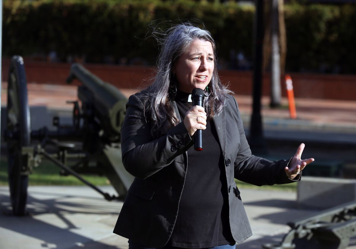 The Rev. Sarah Halverson-Cano from Irvine United Congregational Church, is a guest speaker at the rally Tuesday.