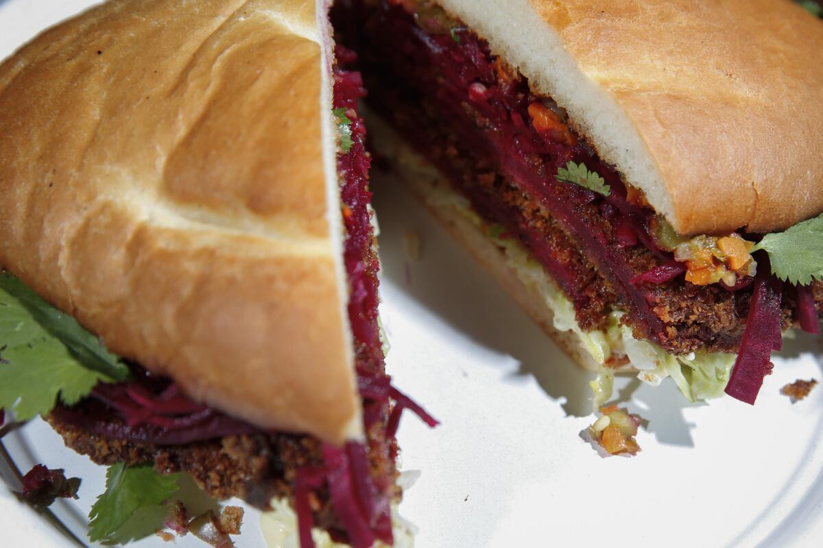 The beef torta at B.S. Taqueria; beef Milanese, pickled beet, escabeche and iceberg lettuce, $11. More great L.A.-area restaurants: Jonathan Gold’s 101
