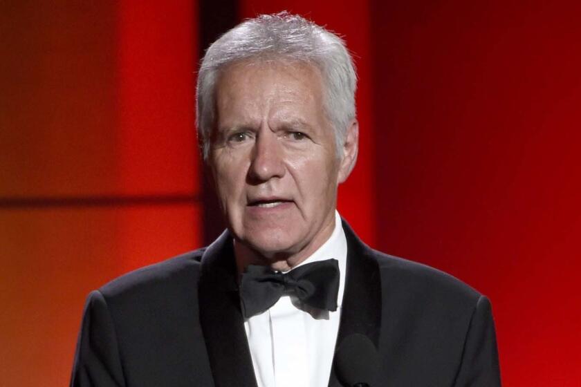 FILE - In this April 30, 2017, file photo, Alex Trebek speaks at the 44th annual Daytime Emmy Awards at the Pasadena Civic Center in Pasadena, Calif. The âJeopardy!â host says his response to advanced pancreatic cancer treatment is âkind of mind-bogglingâ and his doctors say the 78-year-old is in ânear remission.â Trebek tells People magazine heâs responding very well to chemotherapy and the doctors have told him âthey hadnât seen this kind of positive results in their memory.â Trebek says some of the tumors have shrunk by more than 50%. (Photo by Chris Pizzello/Invision/AP, File)