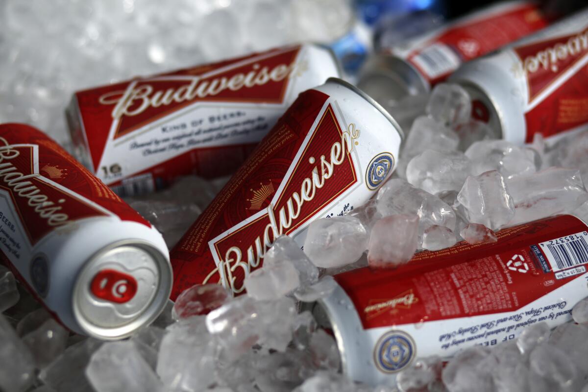 Foto del 5 de marzo de 2015 donde se ven latas de cerveza Budweiser en un local en Florida. La empresa belga-brasileña Anheuser-Busch InBev anunció el martes 13 de octubre de 2015 un principio de acuerdo con SABMiller para fusionarse y crear la mayor cervecera del mundo.