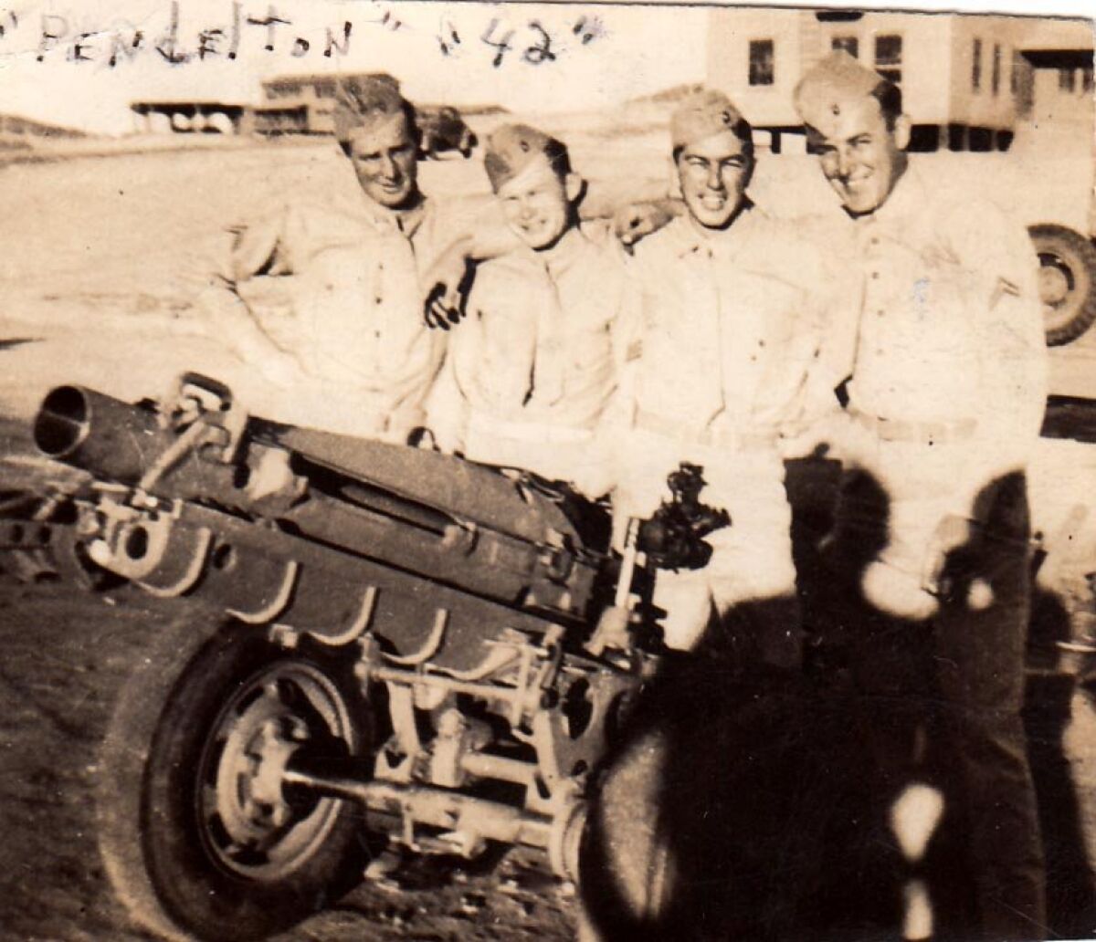 Retired Marine First Sgt. John Farritor is pictured here, at far left, as a new recruit at Camp Pendleton in 1942. The Vista resident, who served in World War II and the Korean War, turned 100 on July 9.