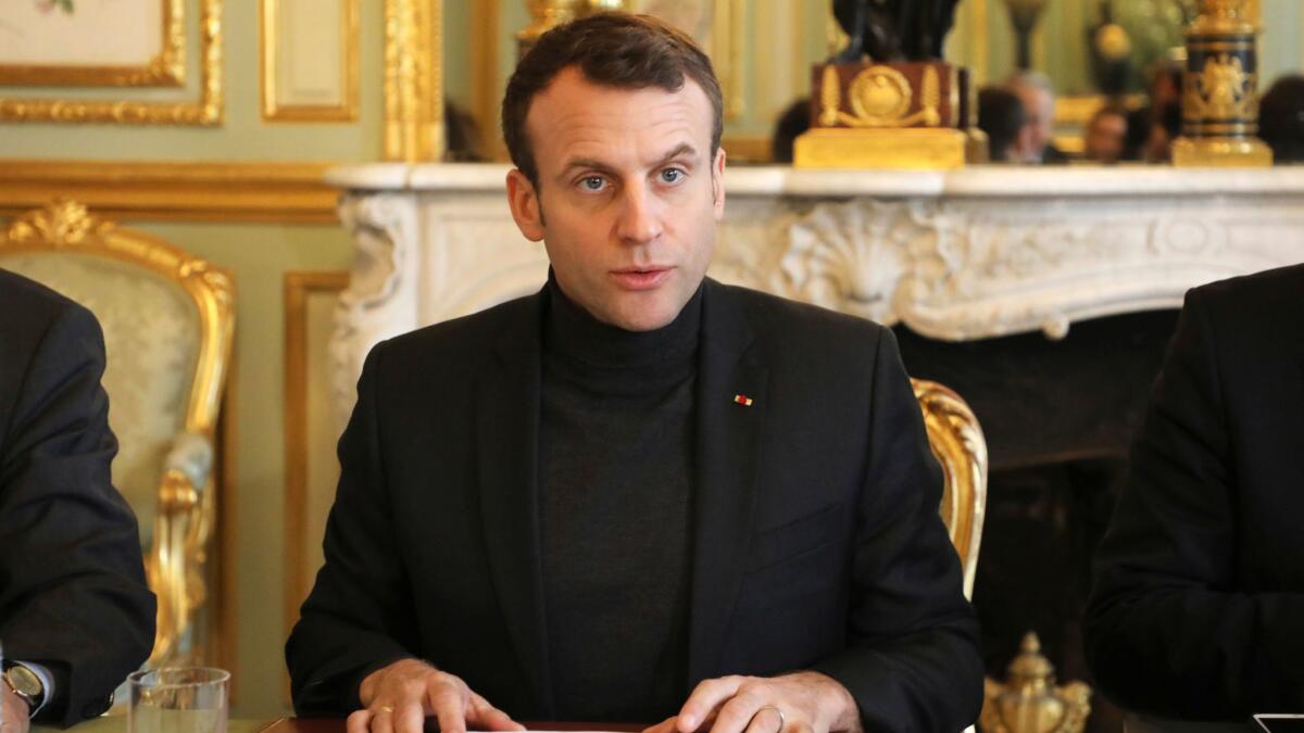 French President Emmanuel Macron speaks during a meeting of the Trianon Dialogue, aimed at strengthening relations between France and Russia.