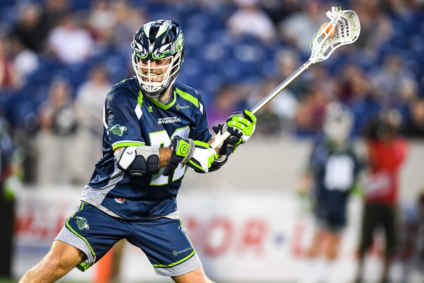 Chesapeake Bayhawks midfielder Kevin McNally (72) attempts shot during the first quarter against the New York Lizards at Navy-Marine Corps Memorial Stadium.