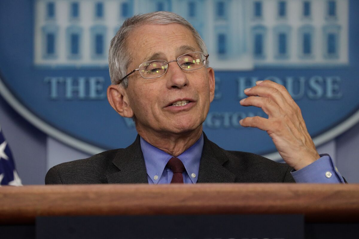 Dr. Anthony Fauci, director of the National Institute of Allergy and Infectious Diseases, speaks at an April daily briefing of the White House Coronavirus Task Force. 