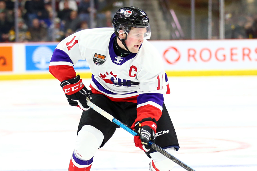 Alexis Lafreniere controls the puck during the 2020 CHL/NHL Top Prospects Game.