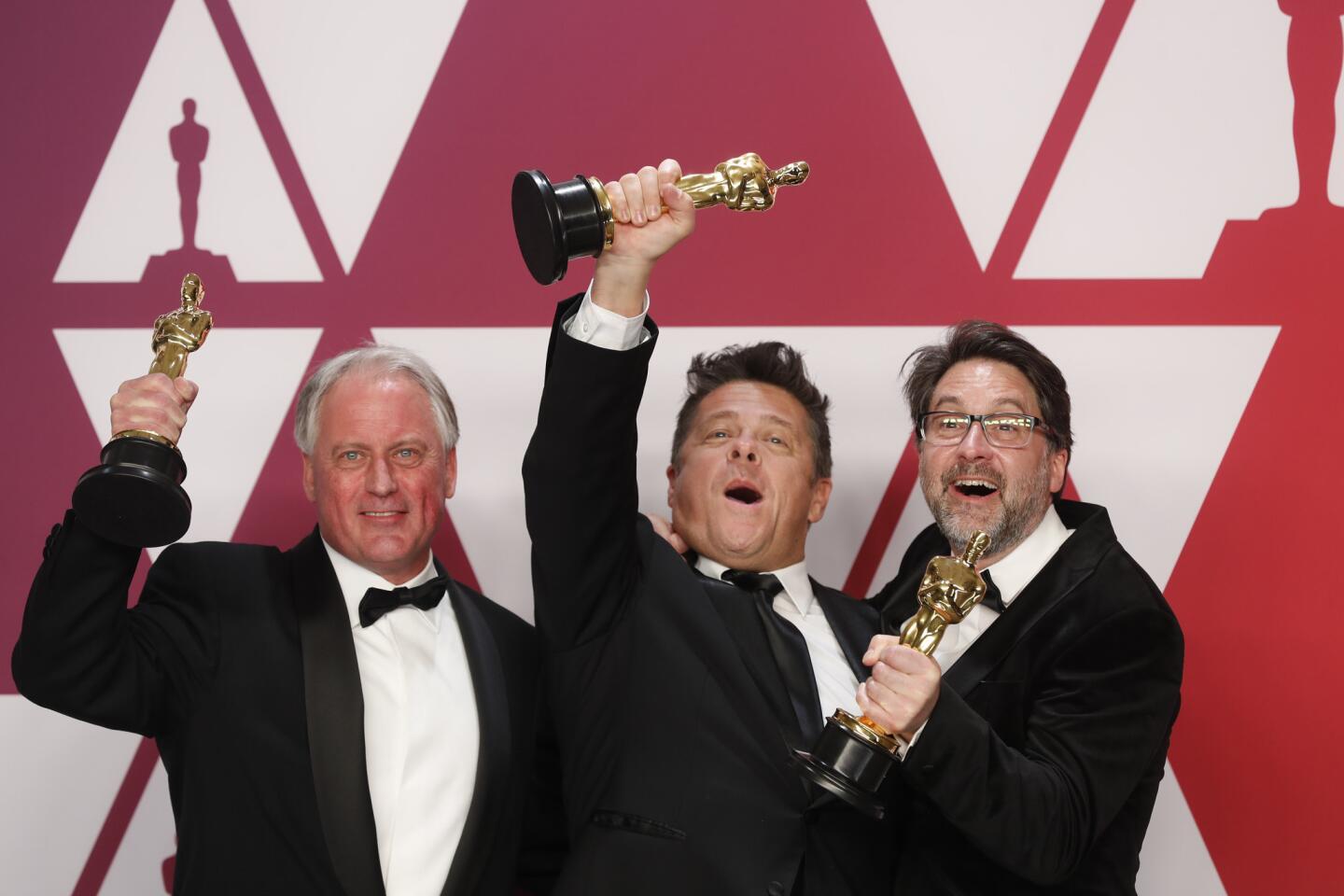 Paul Massey, from left, Tim Cavagin and John Casali, winners of the Oscar for sound mixing in "Bohemian Rhapsody."