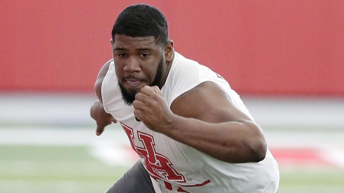 Ed Oliver participates in a drill at Houston's pro day.