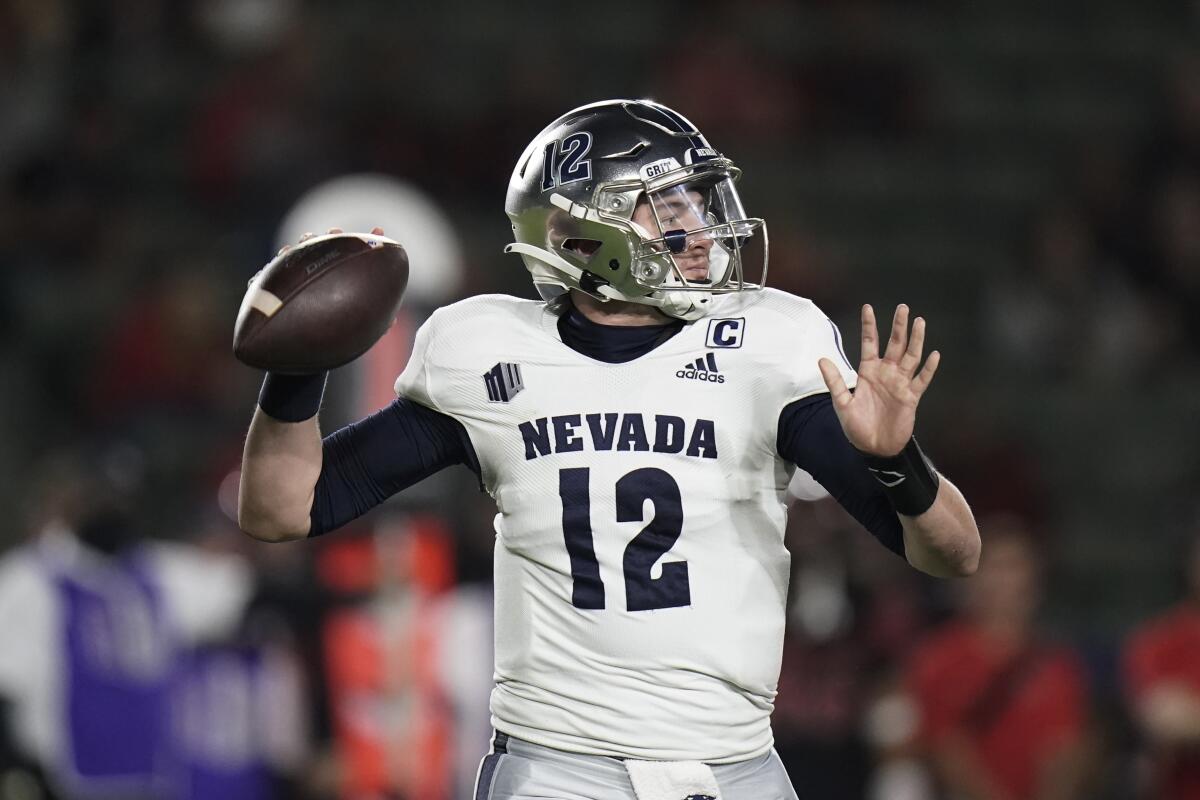 Nevada quarterback Carson Strong looks to throw a pass against San Diego State in November.