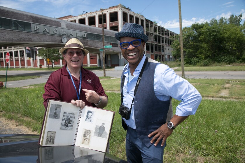 Filmmaker Thomas Allen Harris, right, visits the former site of the Packard Plant in Detroit with Arthur Kirsh to share insights from his family photo album for PBS series “Family Photos USA.”