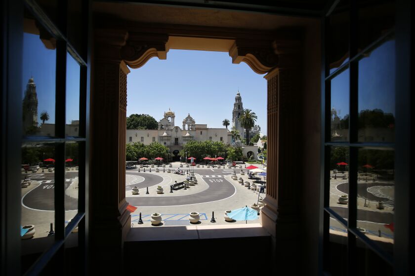 San Diego Mayor Kevin Faulconer directed the $9.3 million that had previously been allocated to the Plaza de Panama project go to a regional parks fund to ensure that those dollars go to other infrastructure priorities in Balboa Park. One of those priorities is repairing the exterior of the Mingei International Museum, at left, shown here on May 14, 2019.