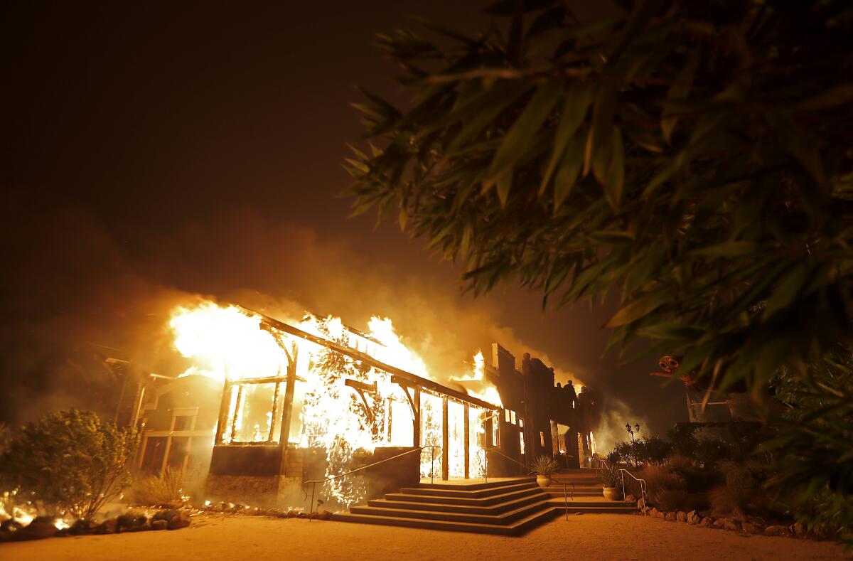 HEALDSBURG, CALIF. - OCT. 26, 2019. The Soda Ranch winery along State Highway 128 near Healdsburg is consumed by the Kincade fire early Sunday morning, Oct. 27, 2019. (Luis Sinco/Los Angeles Times)