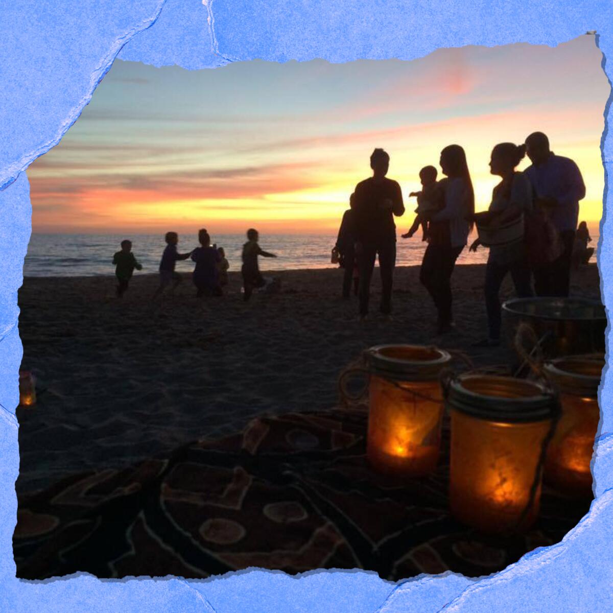 People are silhouetted against a beautiful sunset on a beach.