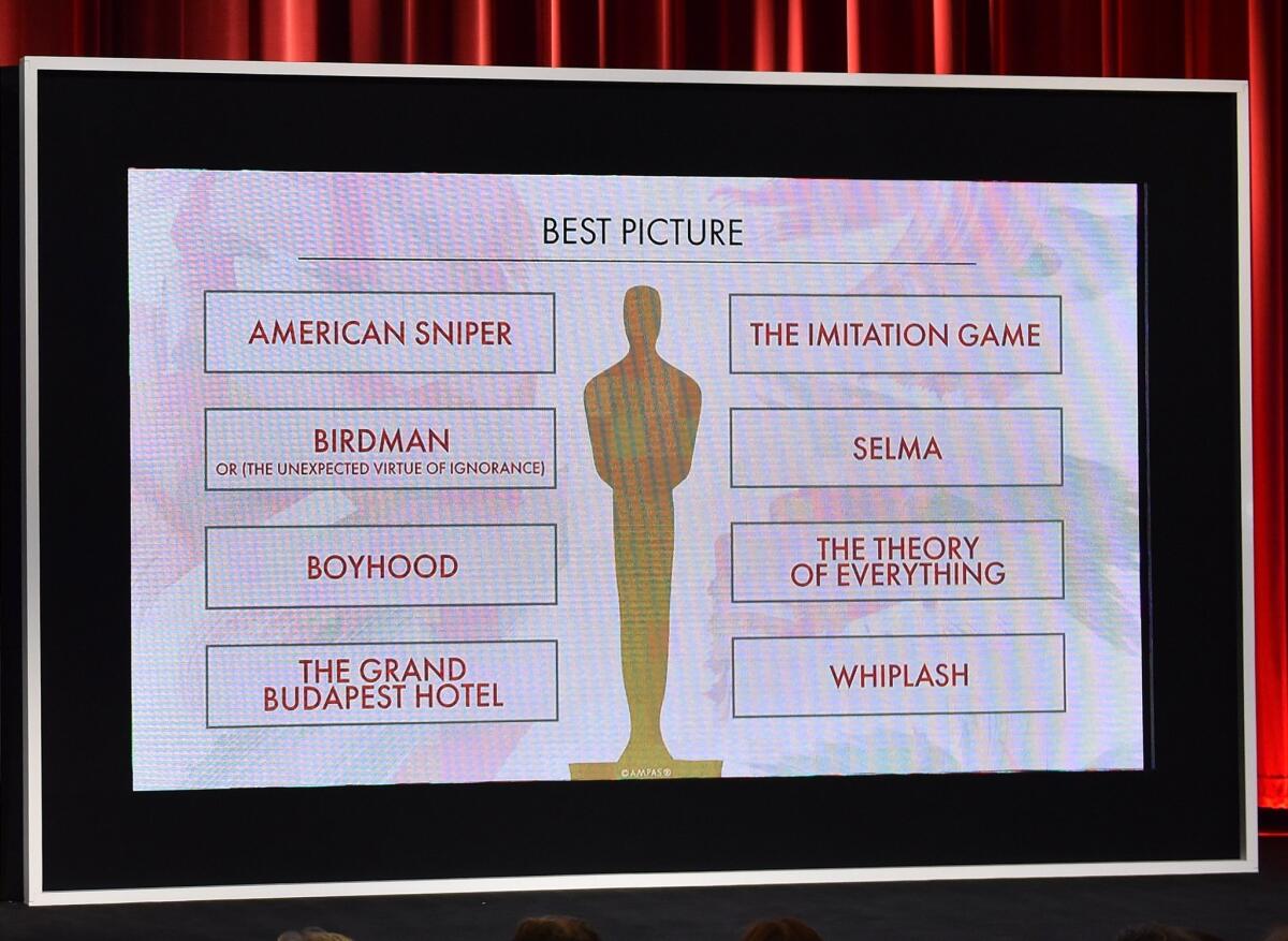 The names of film nominees for Best Picture are displayed onstage during the 87th Academy Awards Nominations Announcement at the AMPAS Samuel Goldwyn Theater on January 15, 2015 in Beverly Hills.
