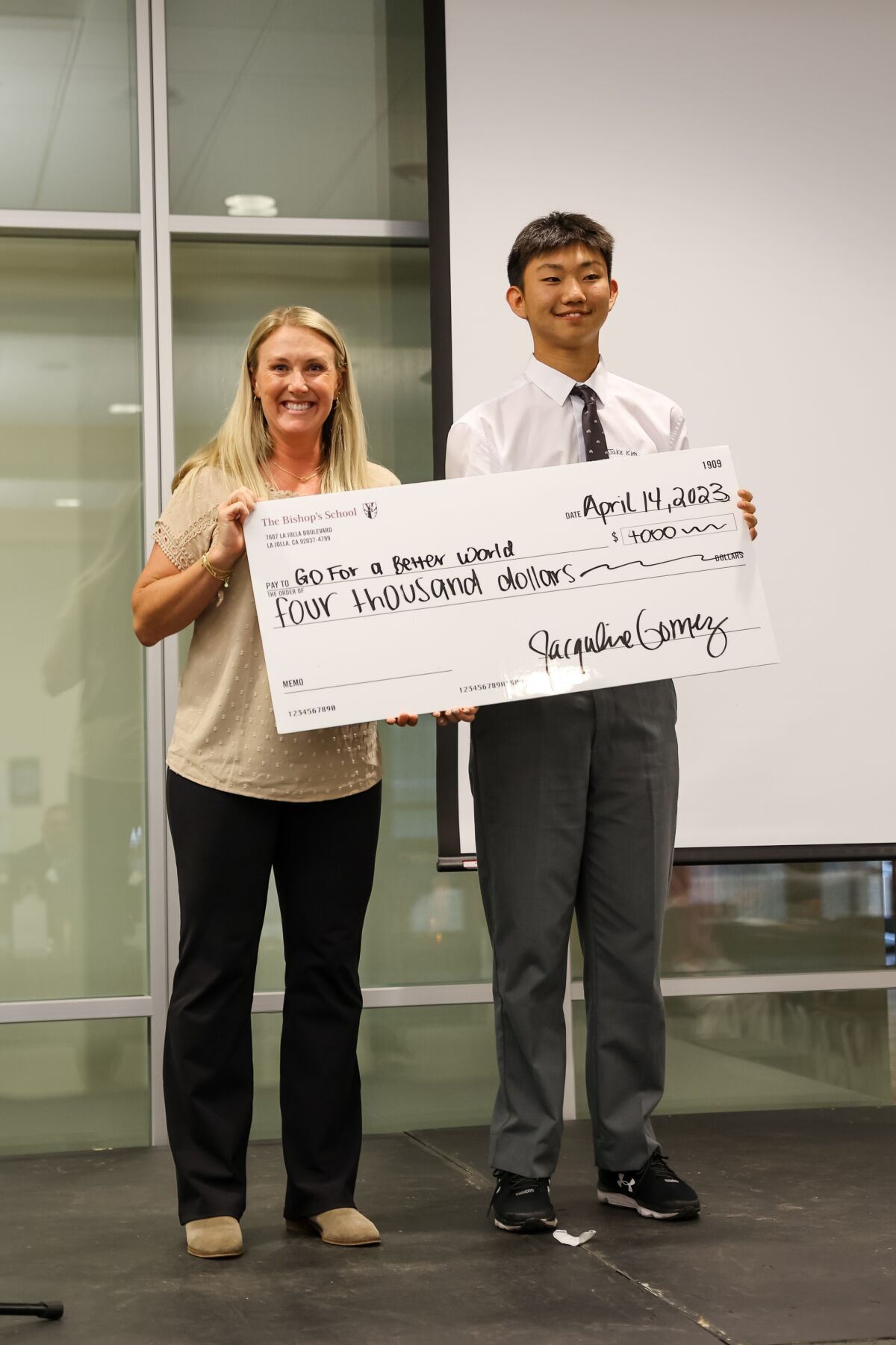 Freshman Jake Kim and The Bishop's School's Social Innovation Competition director, Jacqueline Gomez
