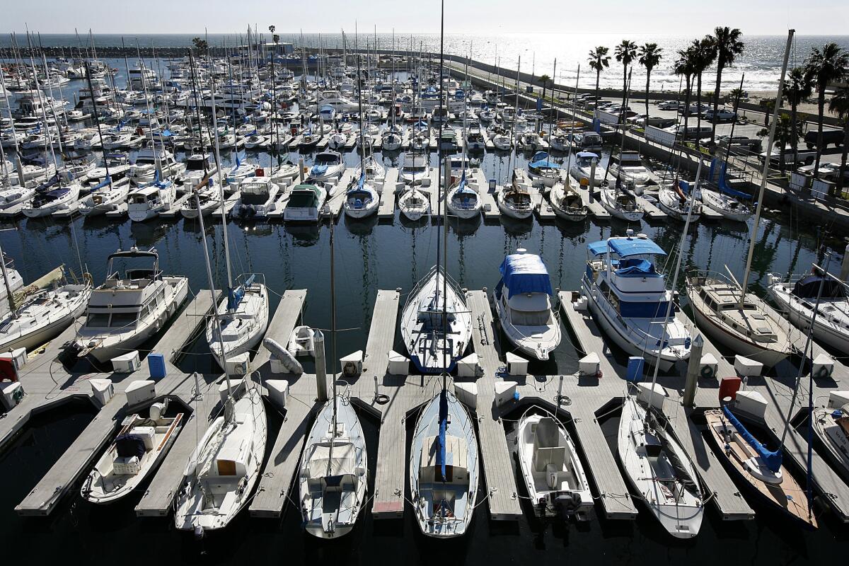 Boats are lined up at King Harbor Marina in Redondo Beach.
