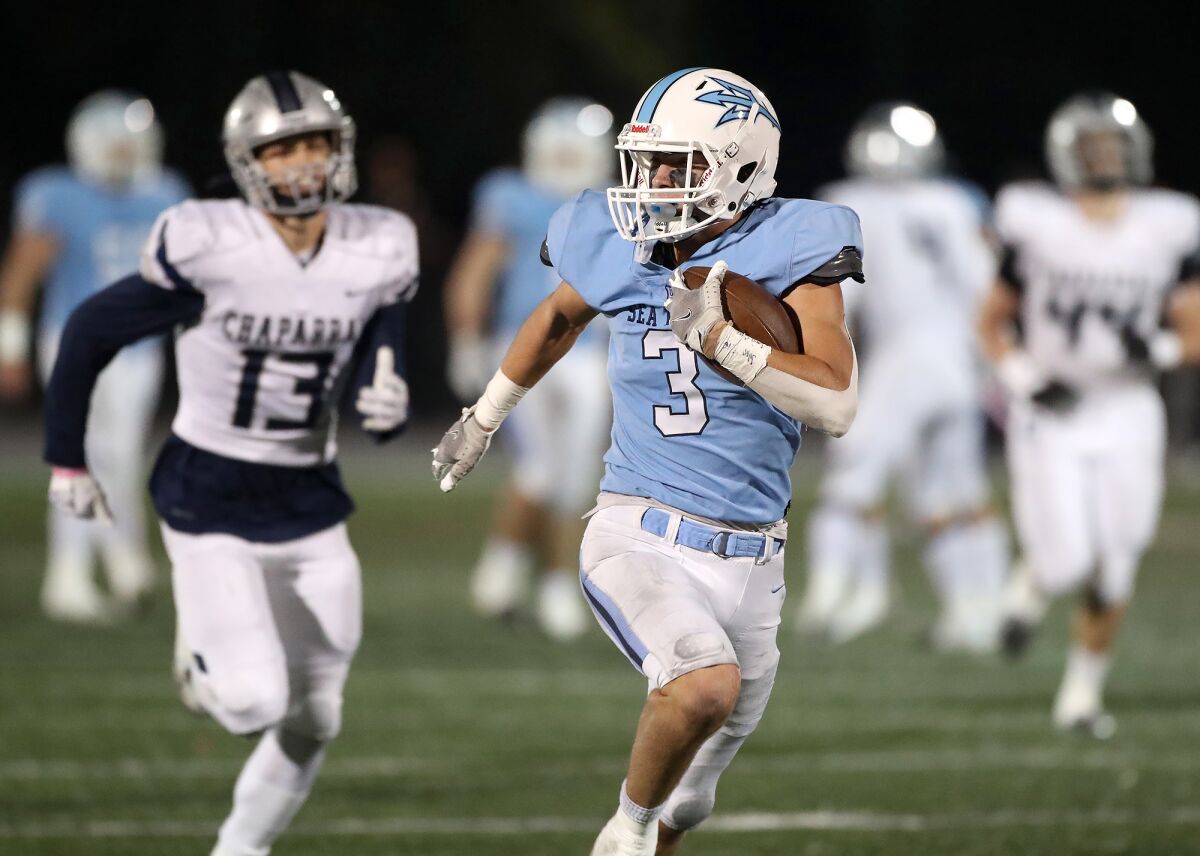 Corona del Mar's Mason Kubichek (3) sprints to the end zone during the CIF Southern Section Division 3 quarterfinal game.