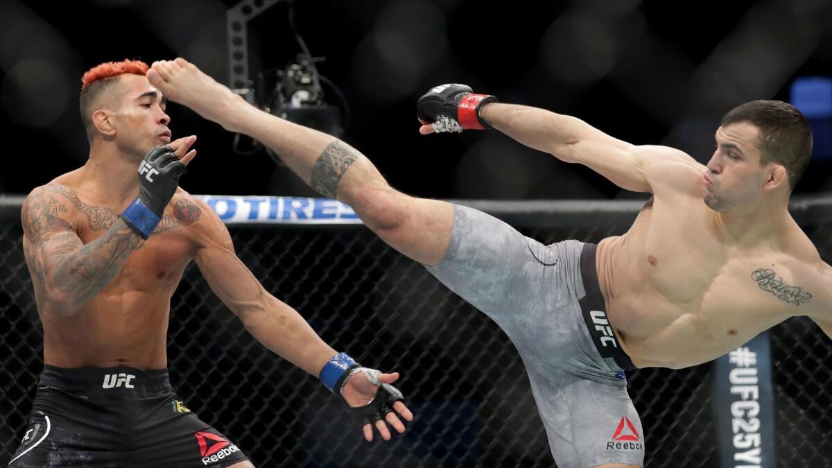 Mirsad Bektic of Bosnia delivered a kick to Godofredo Pepey of Brazil during UFC Fight Night at Spectrum Center on Jan, 27, in Charlotte, North Carolina. UFC is one of the properties owned by Endeavor.