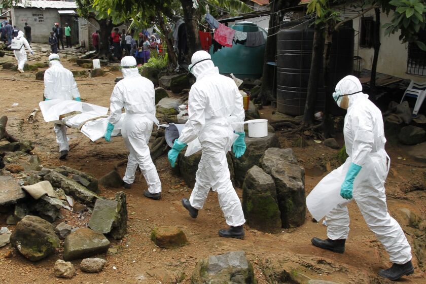 Liberian nurses carry the body of a suspected victim of Ebola at the Sonuwein community in Monrovia, Liberia, on Oct. 3.