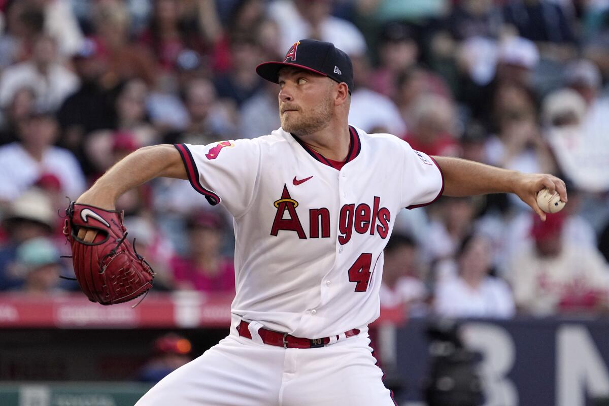Angels starting pitcher Reid Detmers delivers during the second inning of a 3-0 loss to the Pittsburgh Pirates.