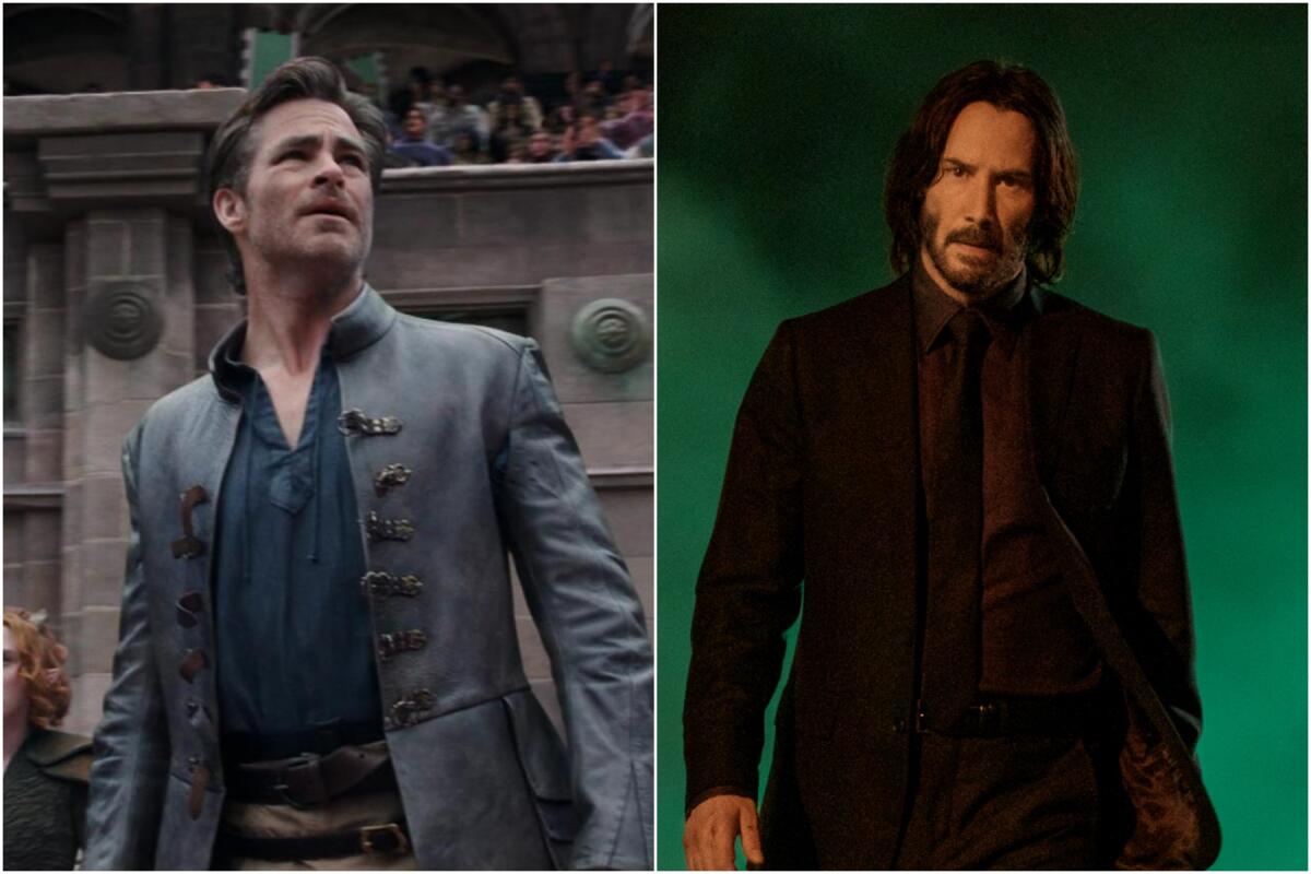 A split image of Chris Pine wearing an old-fashioned jacket and Keanu Reeves in a black suit