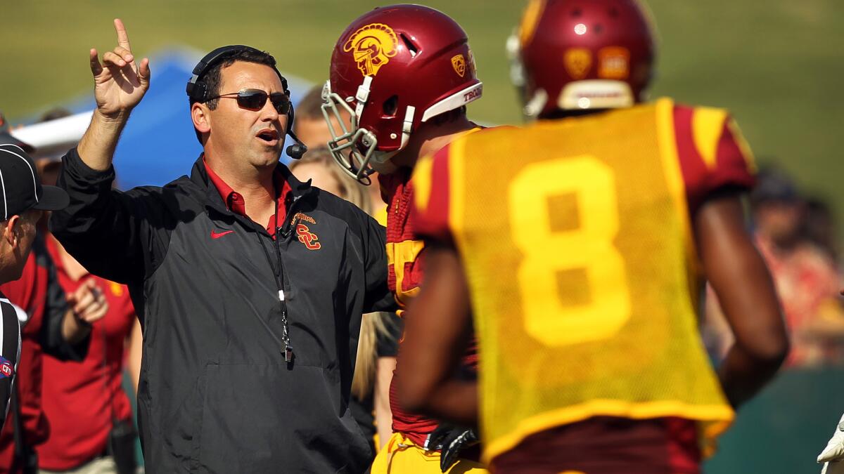USC Coach Steve Sarkisian instructs his players during the Trojans' spring game at the Coliseum in April.