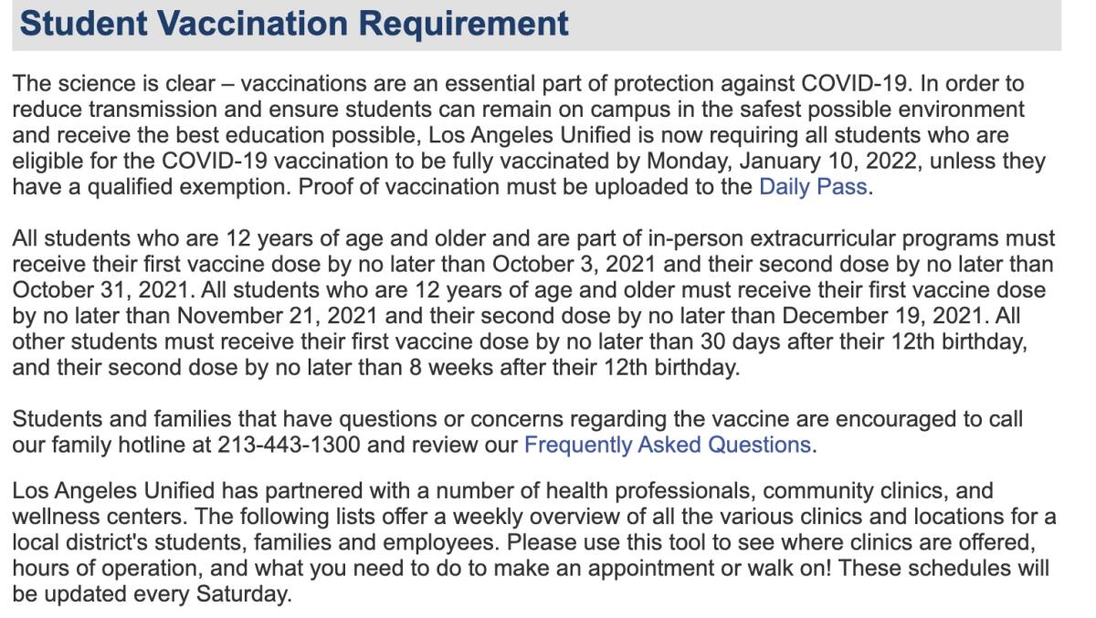 LAUSD vaccination requirements.