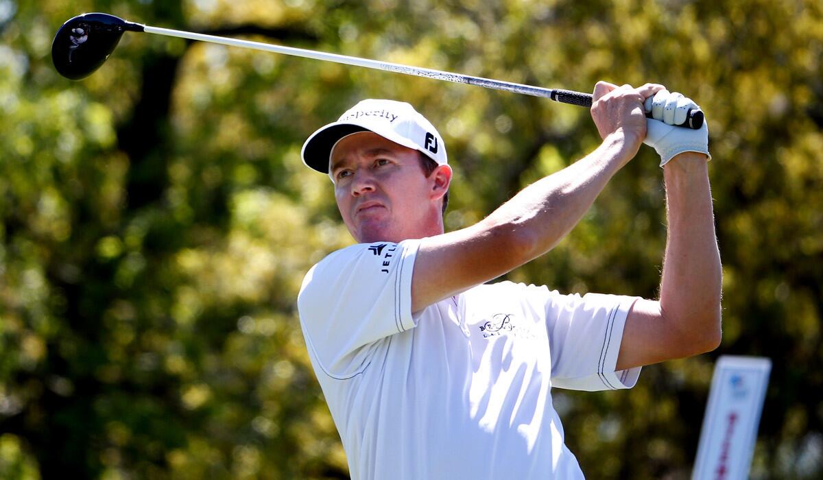 Jimmy Walker tees off during round two of the Valero Texas Open at TPC San Antonio AT&T Oaks Course on Friday.