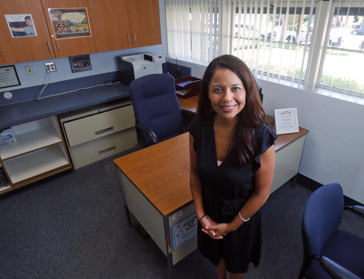 New Muir Elementary School principal Jessica Zavala stands in her new office at the school on Aug. 20. Zavala, who started her teaching career in Glendale where she was a student all her life, previously was a vice principal in South Pasadena.