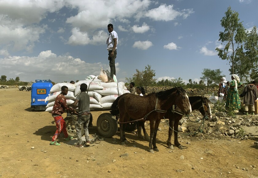 People affected by the conflict in Tigray load food aid onto a donkey cart