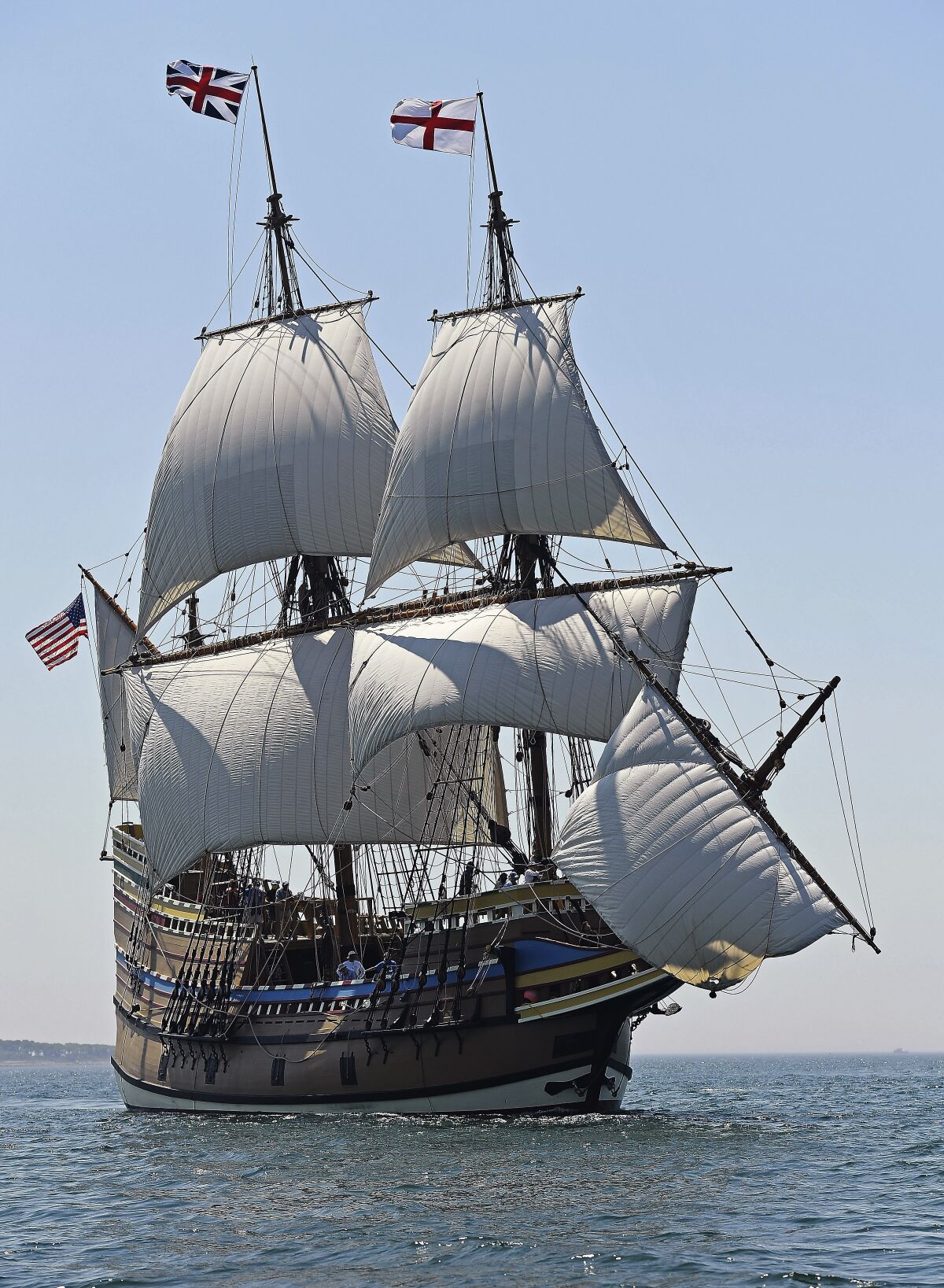 Wind fills the sails of a Mayflower replica, the Mayflower II, off Connecticut.