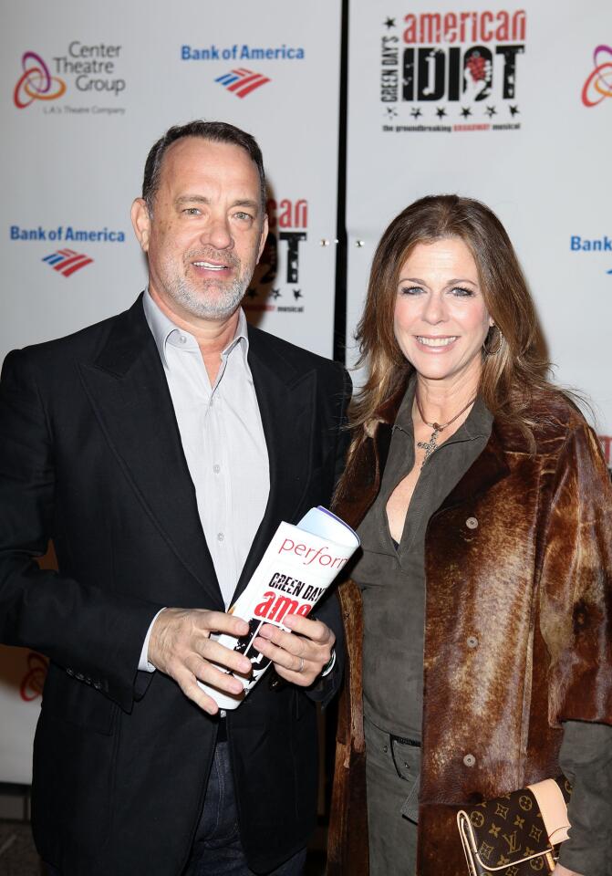 Tom Hanks, left, and his wife, Rita Wilson, at the Los Angeles opening of "American Idiot."