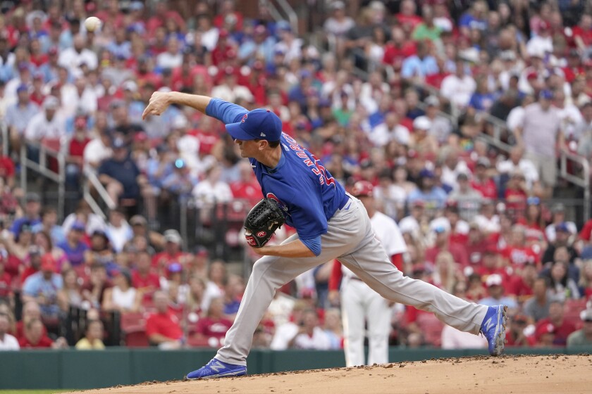 Chicago Cubs starting pitcher Kyle Hendricks throws during the first inning of a baseball game against the St. Louis Cardinals Friday, June 24, 2022, in St. Louis. (AP Photo/Jeff Roberson)