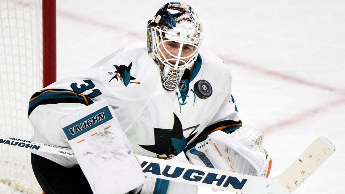 Sharks goaltender Martin Jones makes a save during a game against Montreal earlier this month.