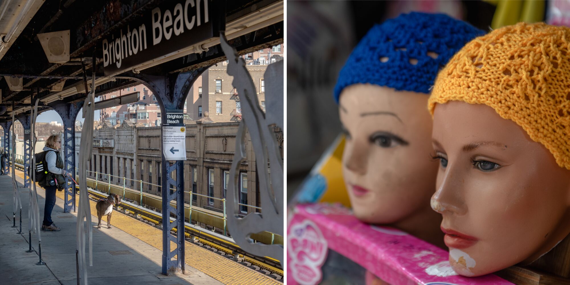 Left: Brighton Beach train station. Right: Head coverings in the colors of the Ukrainian flag sit on mannequins.