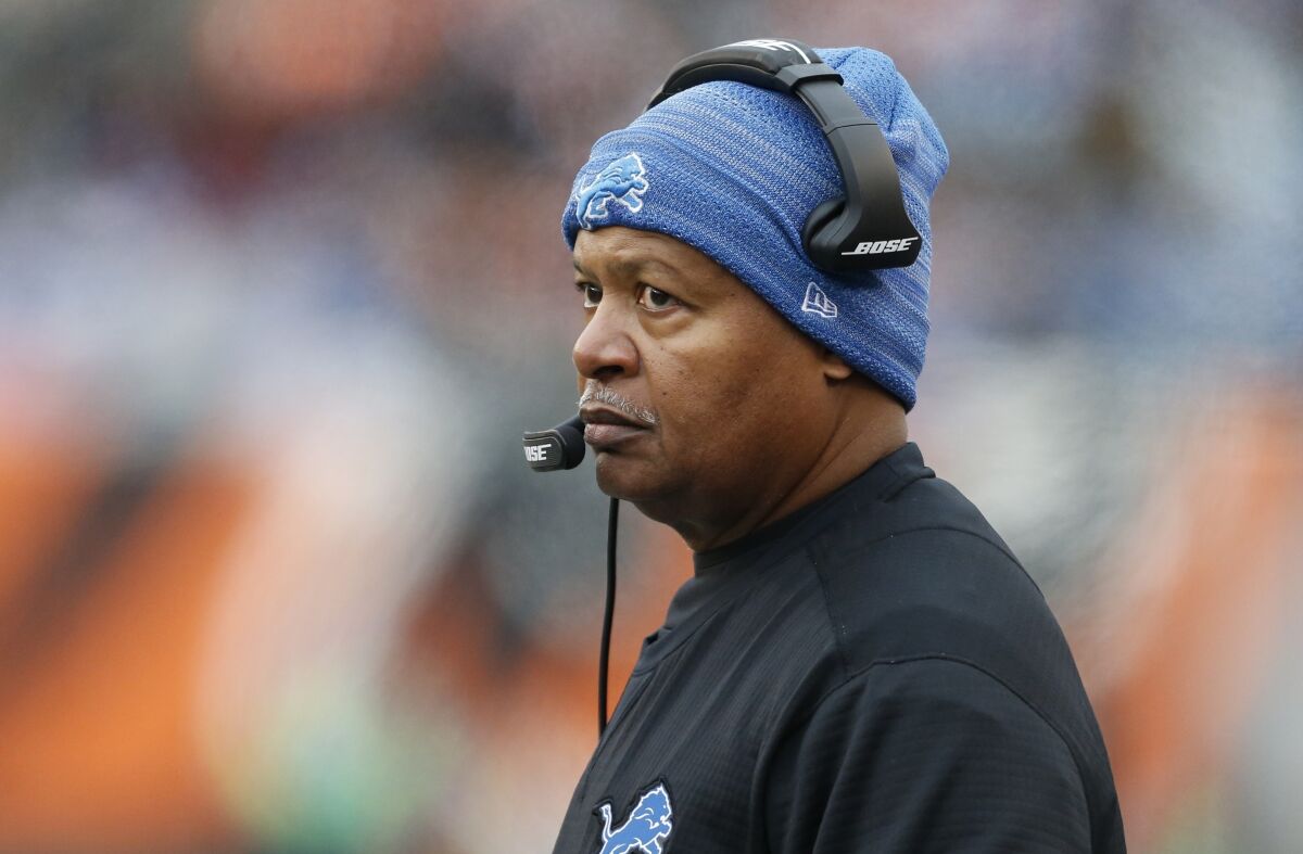 Then-Detroit Lions coach Jim Caldwell watches during the first half of the team's game against the Cincinnati Bengals.