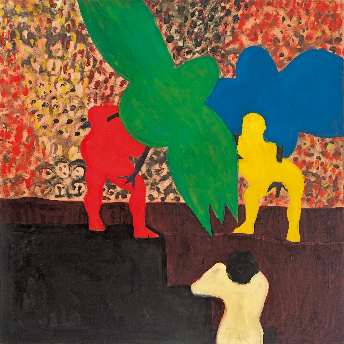 An abstract oil painting with figures in bright red, green, blue and yellow in the foreground. 