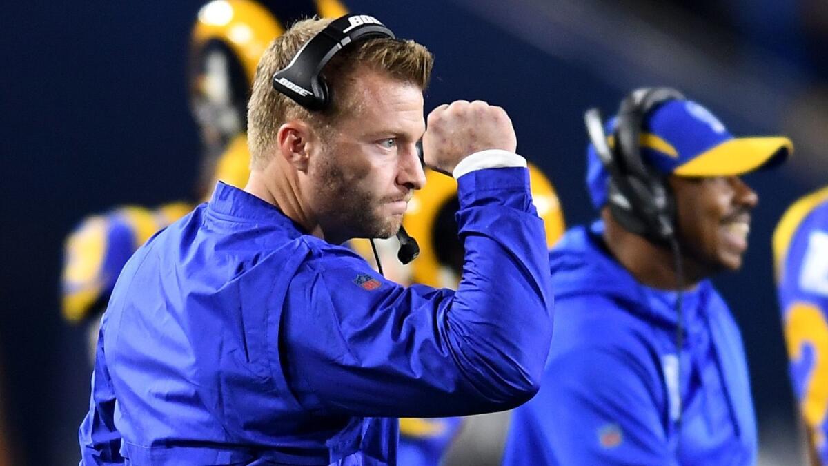 Rams head coach Sean McVay celebrates a touchdown during a playoff game against the Dallas Cowboys in January.