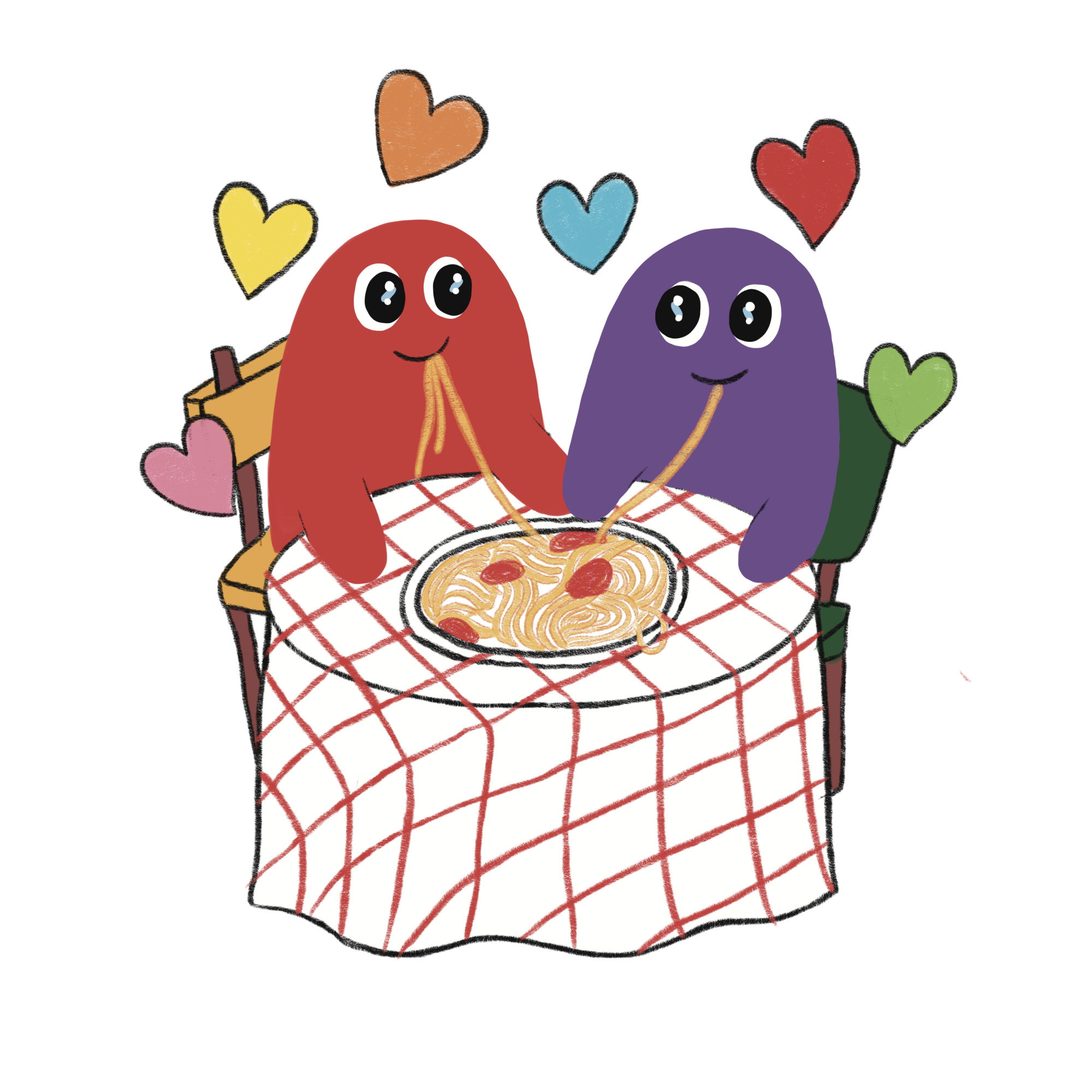 An illustration of two blobs eating spaghetti with hearts over their heads.