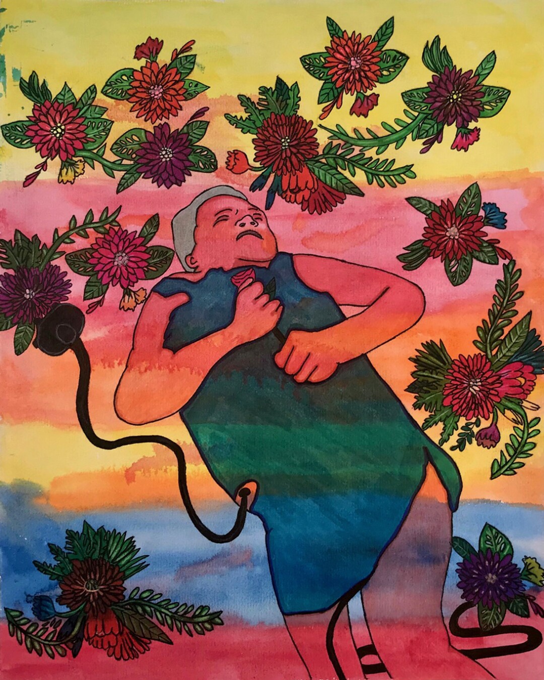 A sleeping woman hovers in a rainbow sky, a tube connects her to the flowers that surround her