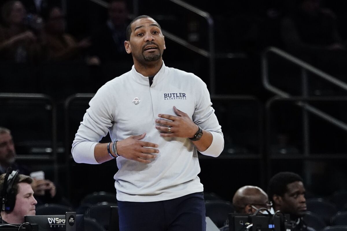 Butler head coach LaVall Jordan calls out to his team during the first half of an NCAA basketball game against Xavier at the Big East basketball tournament Wednesday, March 9, 2022, in New York. (AP Photo/Frank Franklin II)