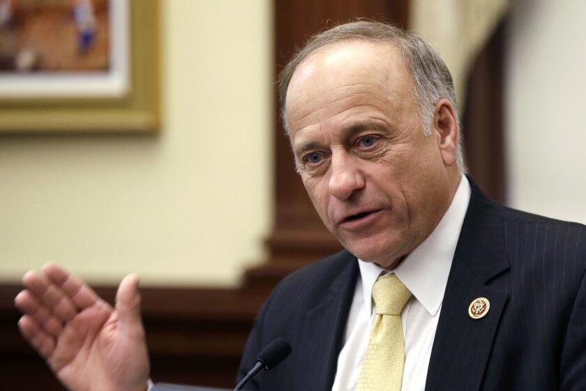 FILE - In this Jan. 23, 2014, file photo, Rep. Steve King, R-Iowa, of Iowa speaks in Des Moines. A senior member of the Congressional Black Caucus is pushing formal punishment for King over his comments about white supremacy. Illinois Democrat Bobby Rush said Monday, Jan. 14, 2019, that he will introduce a censure resolution over the Iowa Republicans remarks to the New York Times. (AP Photo/Charlie Neibergall, File)